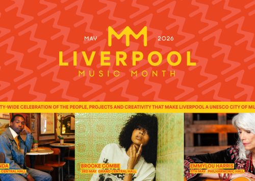 Liverpool Music Month poster in orange with yellow text that says Liverpool Music Month.