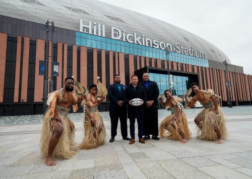 A gathering of rugby greats: Fiji Rugby Union Director Lailanie Burnes, Fiji and Saracens prop Eroni Mawi (47 caps), former England dual‑code star Jason Robinson, and former Fiji captain and Gloucester flanker Akapusi Qera.