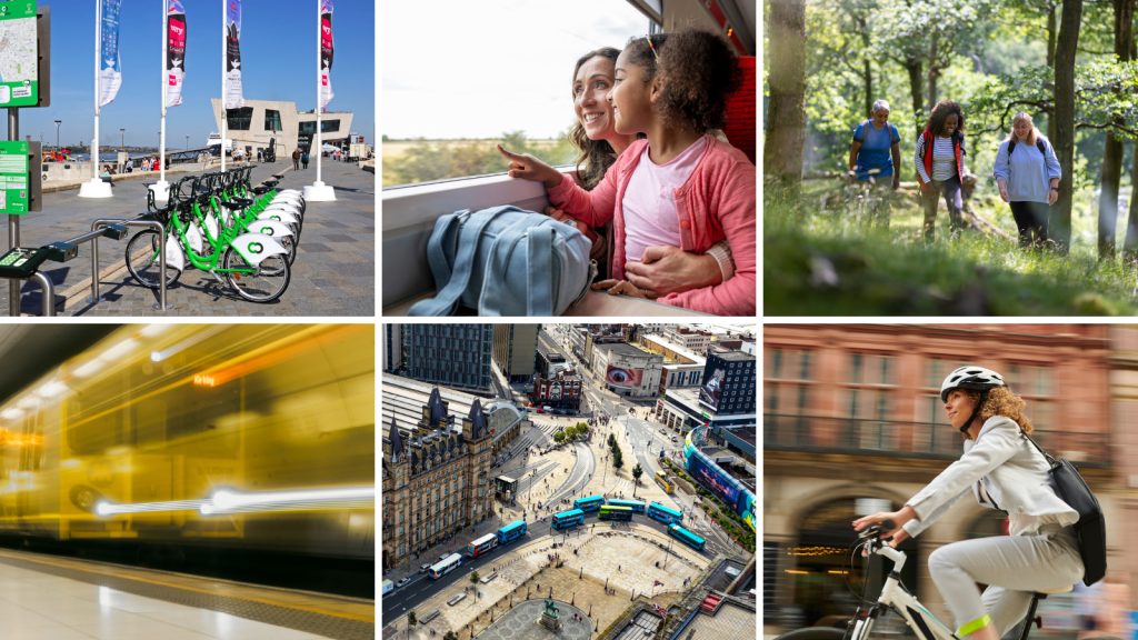 Montage of sustainable travel initiatives in Liverpool City Region