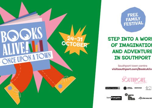 A poster for the Books Alive event in Southport which features an illustration of a book with legs.