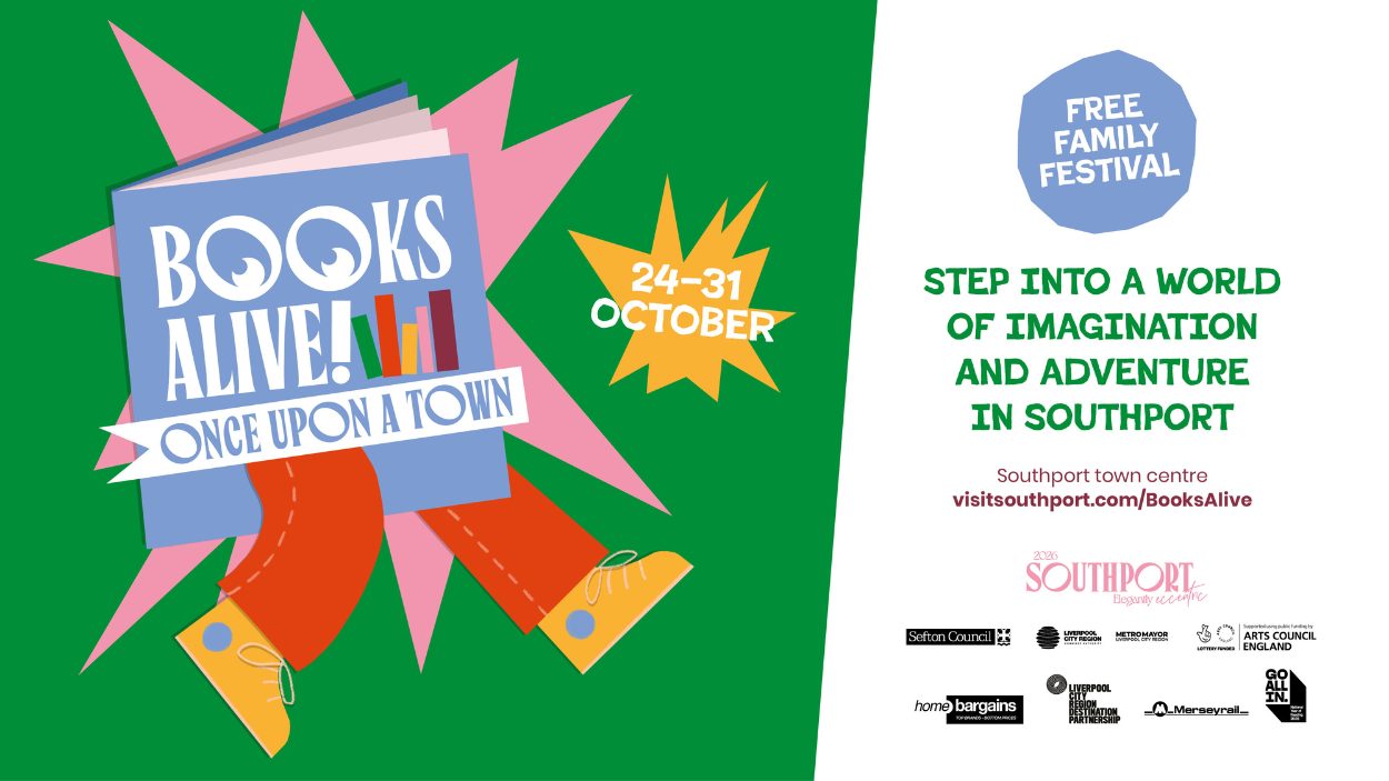 A poster for the Books Alive event in Southport which features an illustration of a book with legs.
