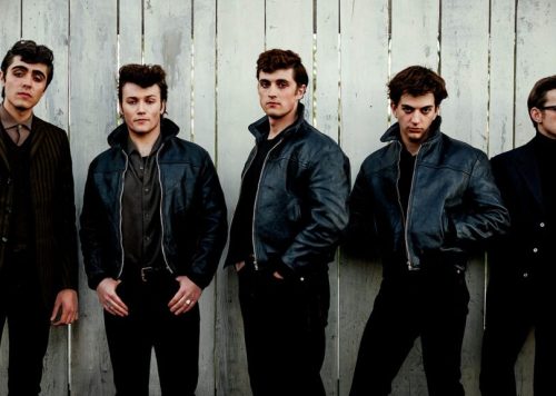 Pic: (L-R) Ellis Murphy at Paul McCartney, Patrick Gilmore as Pete Best, Rhys Mannion as John Lennon, Harvey Brett as George Harrison, Louis Landau as Stu Sutcliffe (Image: Gordon Timpen/ Hamburg Films Ltd)