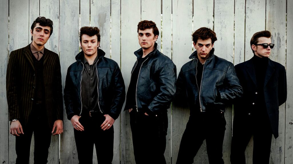 Pic: (L-R) Ellis Murphy at Paul McCartney, Patrick Gilmore as Pete Best, Rhys Mannion as John Lennon, Harvey Brett as George Harrison, Louis Landau as Stu Sutcliffe (Image: Gordon Timpen/ Hamburg Films Ltd)