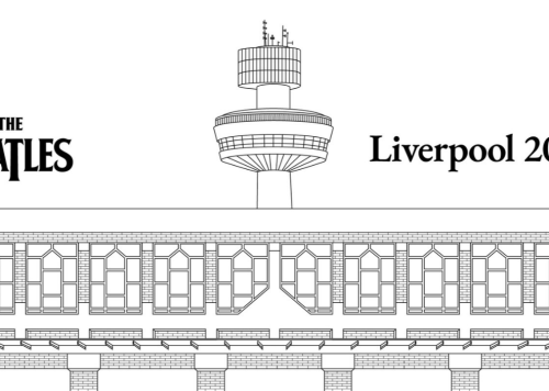 A line drawing of a building in Liverpool with a Beatles logo to the left and Liverpool 2028 to the left