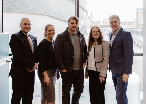 From L-R Cllr Liam Robinson, Helen Roberts, Nathan Spencer, Faye Dyer and Mayor Steve Rotheram at Liverpool Experience Campus - Credit Jono Symonds Photo & Film