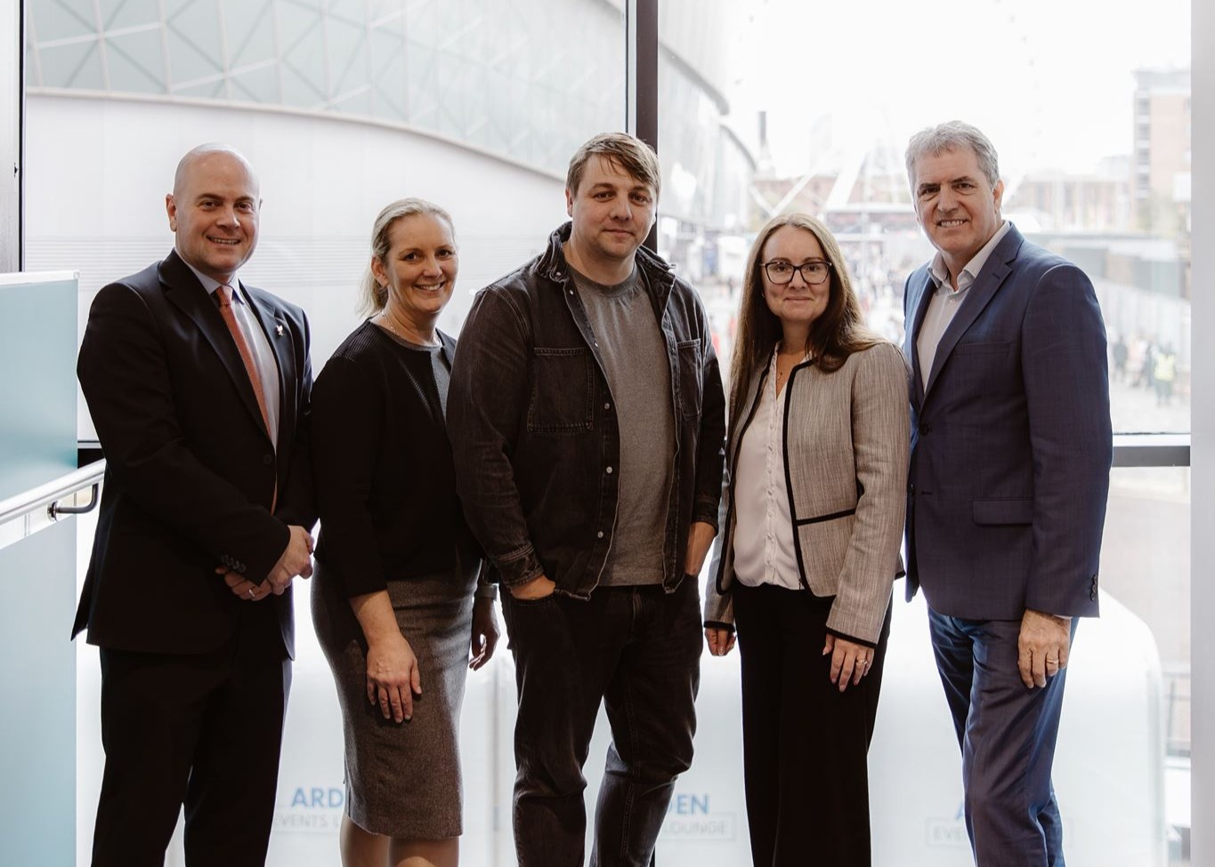 From L-R Cllr Liam Robinson, Helen Roberts, Nathan Spencer, Faye Dyer and Mayor Steve Rotheram at Liverpool Experience Campus - Credit Jono Symonds Photo & Film