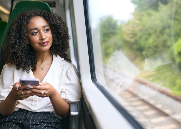 Young wioman ommuting To Work On Train Sitting Checking Messages Or Social Media On Mobile Phone