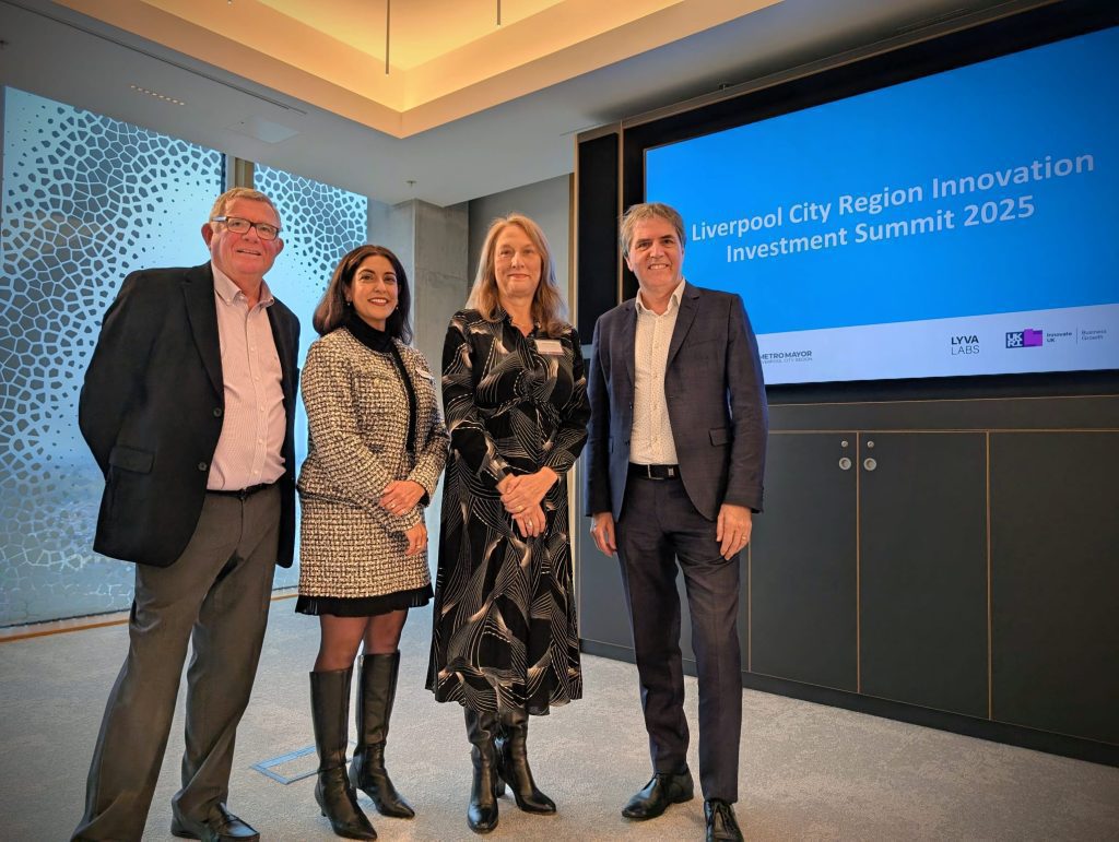 Photo: Left to right: Steve Stuart, Chair, LYVA Labs, Jaspreet Grewal, CEO and Founder, Axial Bridge, Lorna Green, CEO of LYVA Labs, Steve Rotheram, Mayor of the Liverpool City Region.