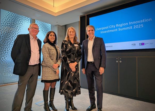 Photo: Left to right: Steve Stuart, Chair, LYVA Labs, Jaspreet Grewal, CEO and Founder, Axial Bridge, Lorna Green, CEO of LYVA Labs, Steve Rotheram, Mayor of the Liverpool City Region.