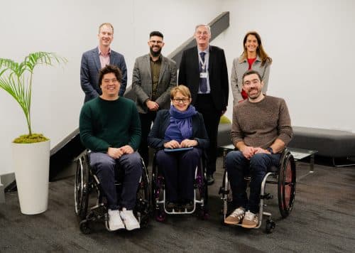 3. Group shot of panellists: Back Row (L-R) Ross Calladine: Accessibility lead for VisitEngland, Dr Marcus Hansan: Senior lecturer in tourism and events management at LJMU and host of the Accessible Tourism podcast, Tony Killen, Liverpool City Region Combined Authority Project lead – Rail, Donna Howitt: Accessibility lead for LCR LVEP Board / Place Strategy Director Liverpool ONE. Front Row: Matt Pierri: CEO, Sociability, Baroness Tanni Grey-Thompson DBE, Ollie Thorn: Advisor, facilitator & Speaker, Art of the Possible