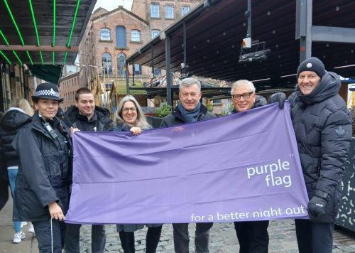 L-R: PC Kelly, Merseyside Police; Brad Butler, Security Operations Manager for Liverpool ONE; Cllr Laura Robertson-Collins; Shaun Holland, Director of Operations at Liverpool BID; Kenny Brew, City Centre Streetscene Manager at Liverpool City Council; and John Hughes, CEO of Liverpool Nightlife CiC