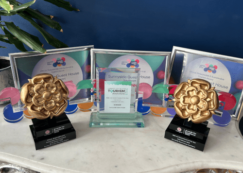 A table with a selection of awards on it.