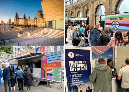 four photos in a grid format with Liverpool's Waterfront, a crowd of people at an information point for an event at a train station, a pop up trailer with people queuing at it to buy gifts and a pop up poster that says 'Welcome to Liverpool City Region' with people stood at an information desk.
