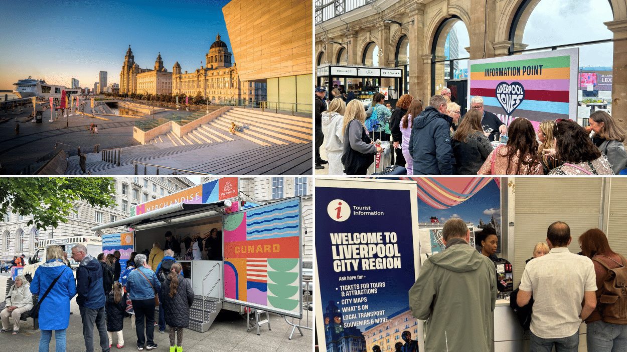 four photos in a grid format with Liverpool's Waterfront, a crowd of people at an information point for an event at a train station, a pop up trailer with people queuing at it to buy gifts and a pop up poster that says 'Welcome to Liverpool City Region' with people stood at an information desk.
