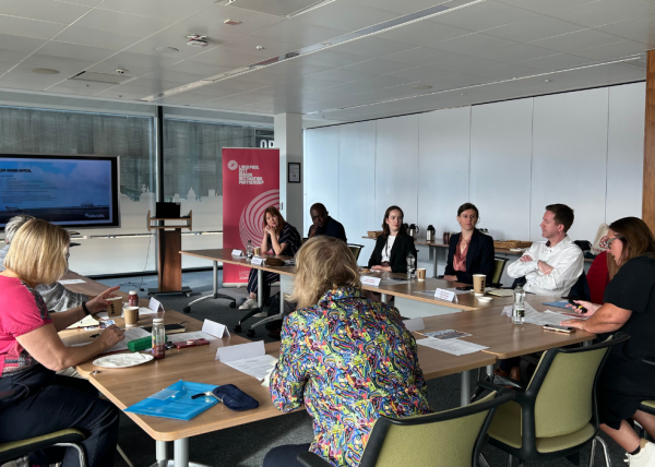 A group of people sitting round a large table having a meeting. there is a screen in the background.